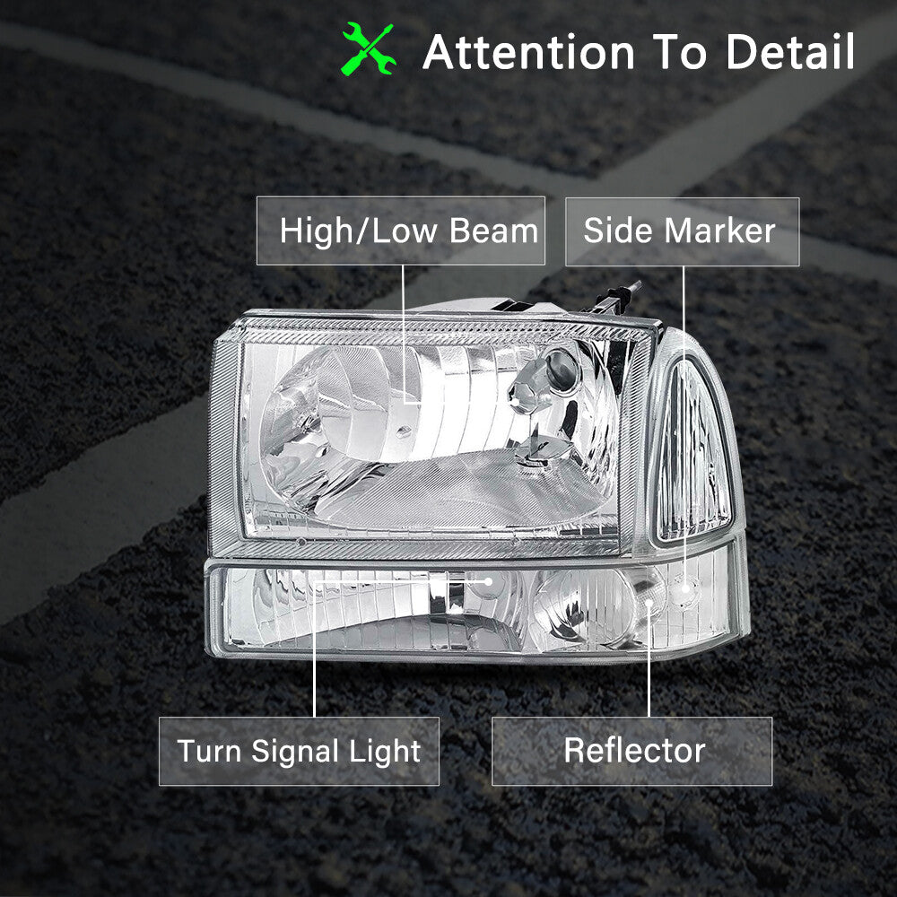 CHROME HOUSING CLEAR CORNER HEADLIGHT LAMPS FOR 99-04 FORD F250 F350 SUPER DUTY