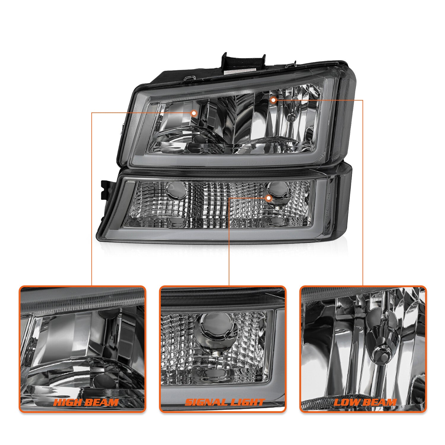 Smoke LED DRL Headlights For 2003-2006 Chevy Silverado Avalanche Bumper Lamps