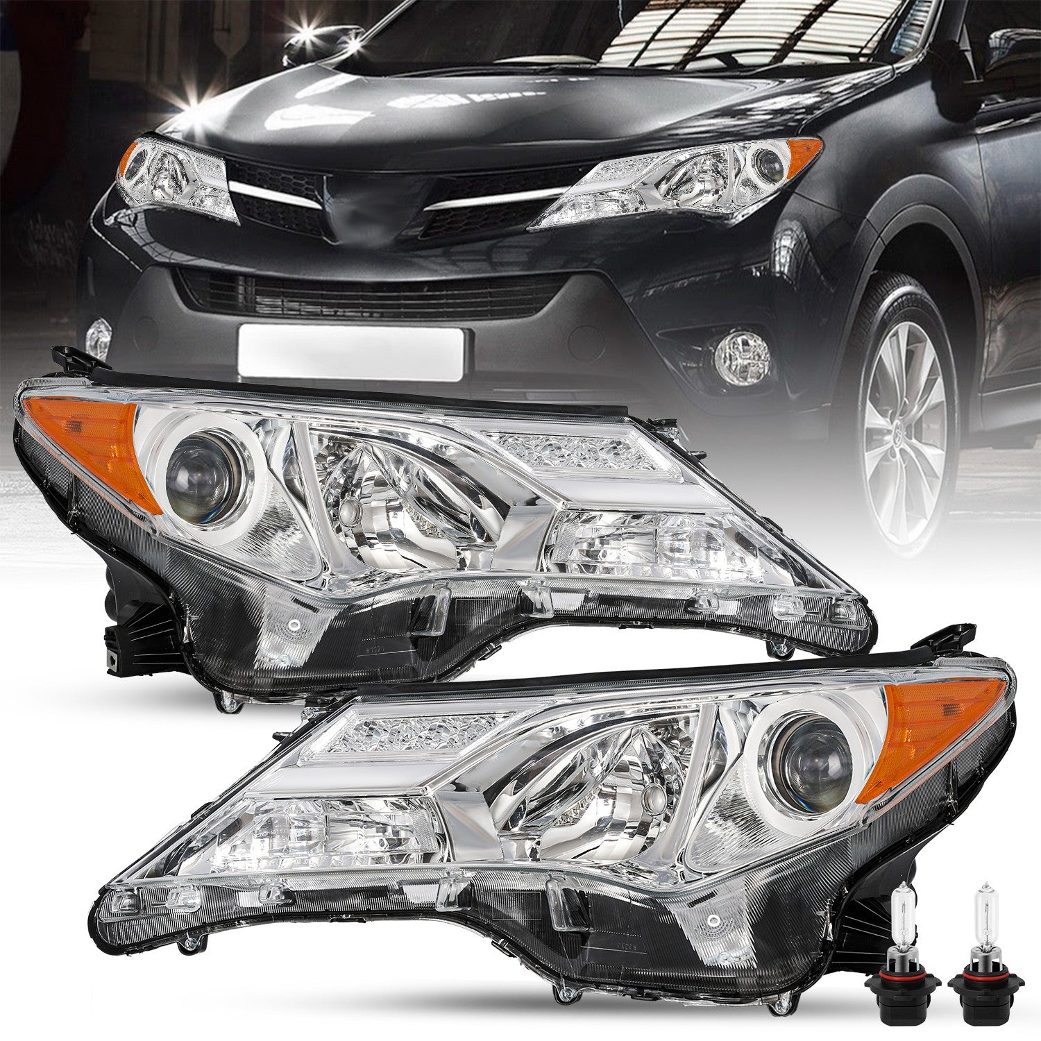 For 2013 2014 2015 Toyota RAV4 RAV-4 Chrome Headlights Amber W/Bulbs Lamps Pair