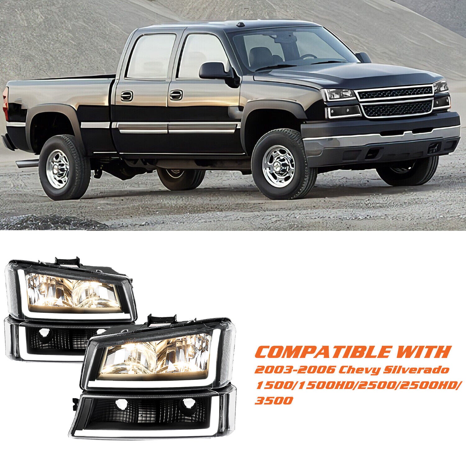 For 2003-2006 Chevy Silverado Avalanche BLACK Headlights Bumper Lamp W/ LED DRL