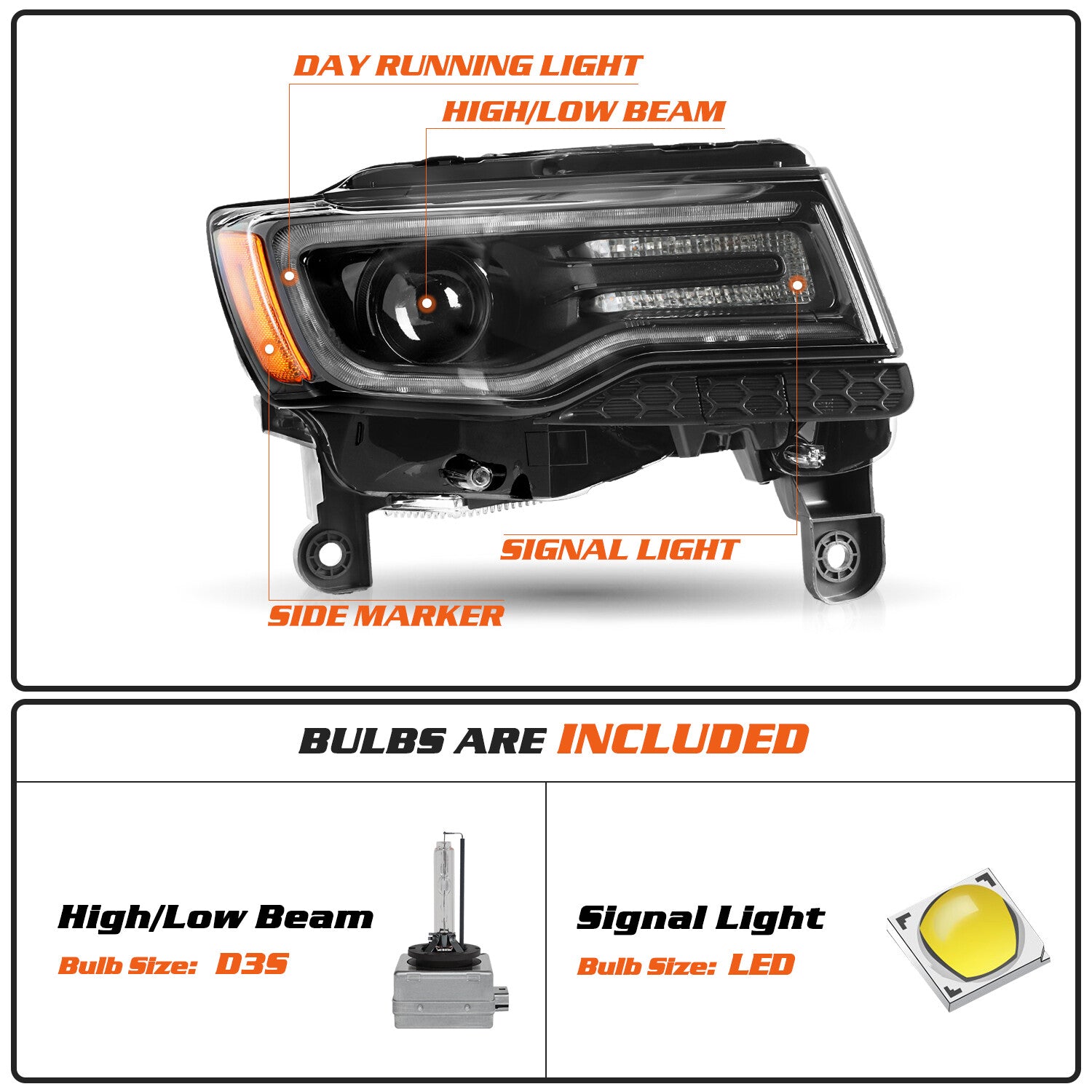 For 2014-2021 Jeep Grand Cherokee w/Bulbs&Ballast HID Black Headlight RH