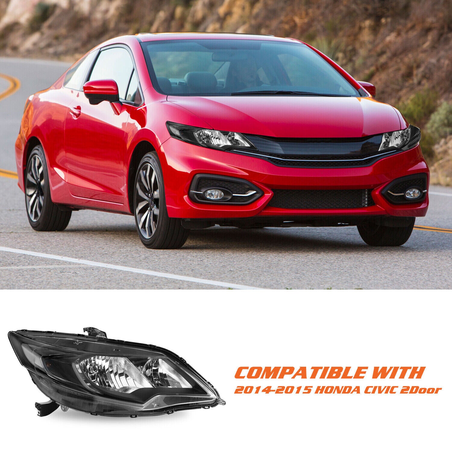 For 2014-2015 Honda Civic Coupe 2Dr Halogen Black Clear Headlights Pair