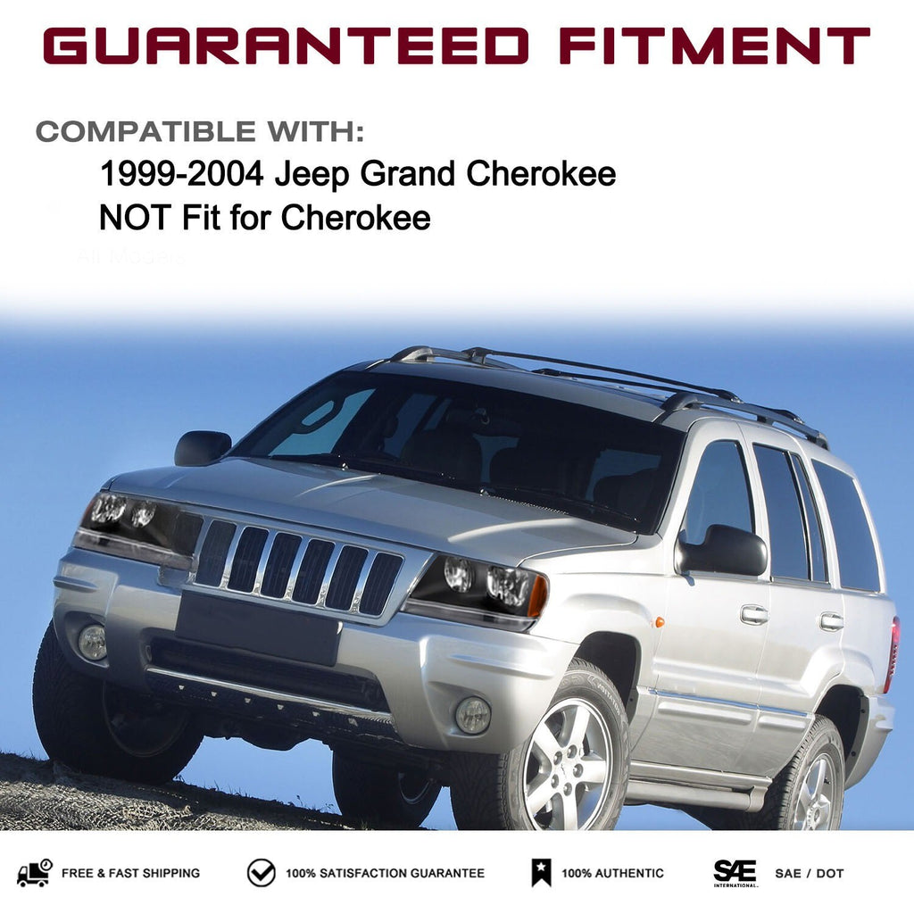 Pair Headlights For 1999-2004 Jeep Grand Cherokee Black Headlamps with Bulbs