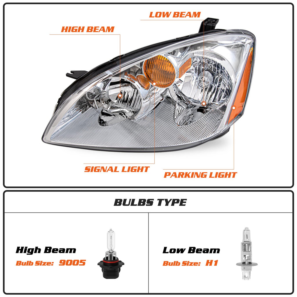 For 2002-2004 Nissan Altima Chrome Headlights Amber Corner Headlamps Left+Right