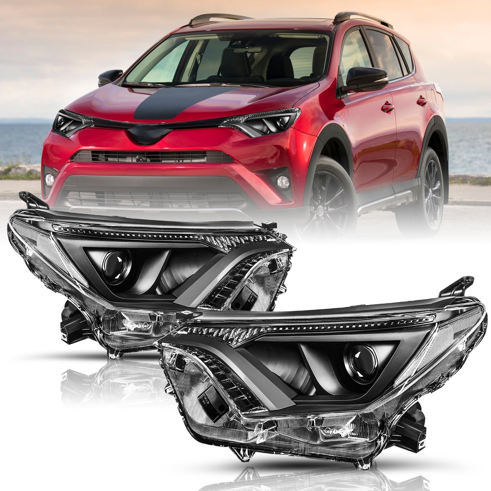 For 2016 2017 2018 Toyota RAV4 Black New Headlights Amber Corner Lamps Set