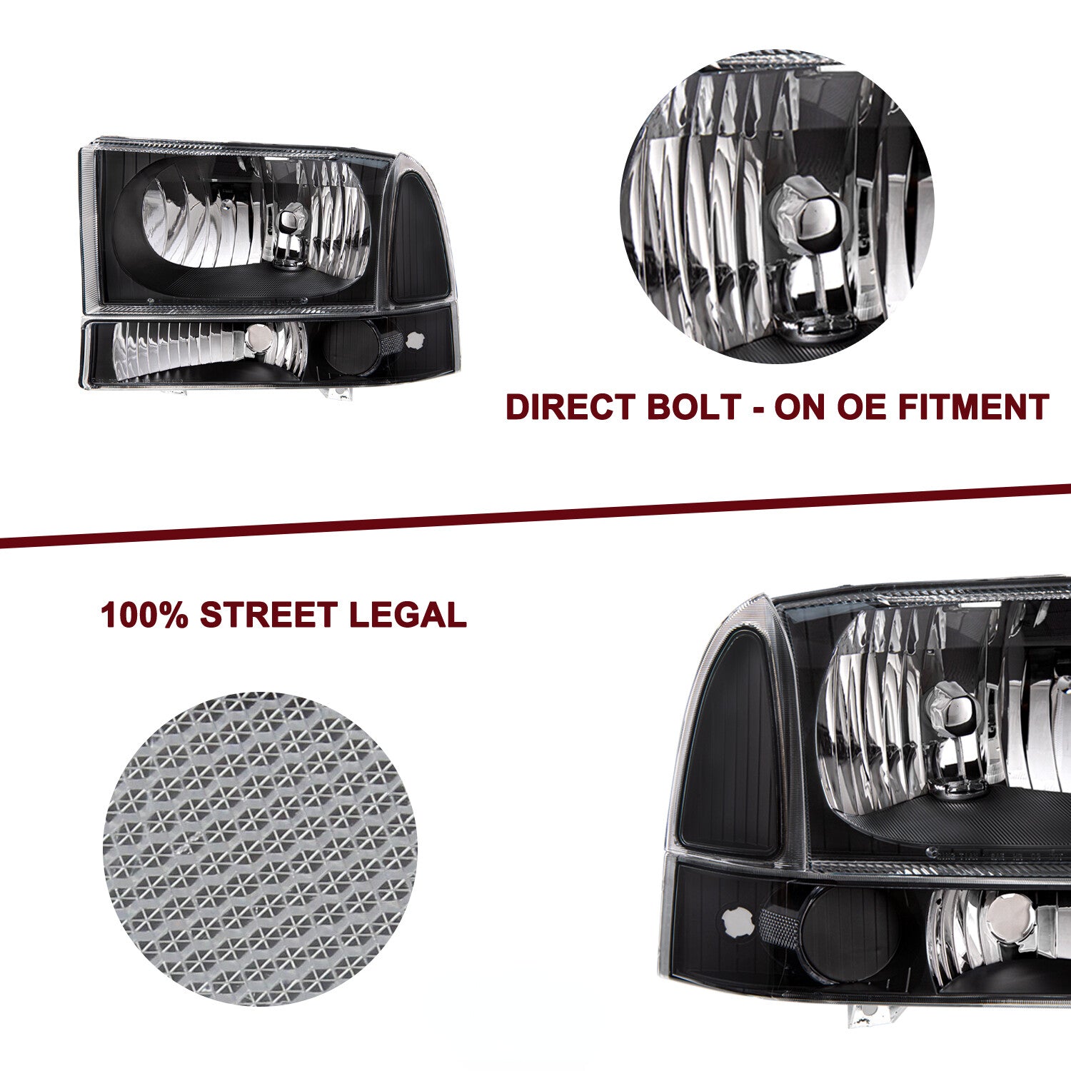 For 99-04 Ford Super Duty F250/350/450/550/ Excursion Headlight 4Pcs W/bulb