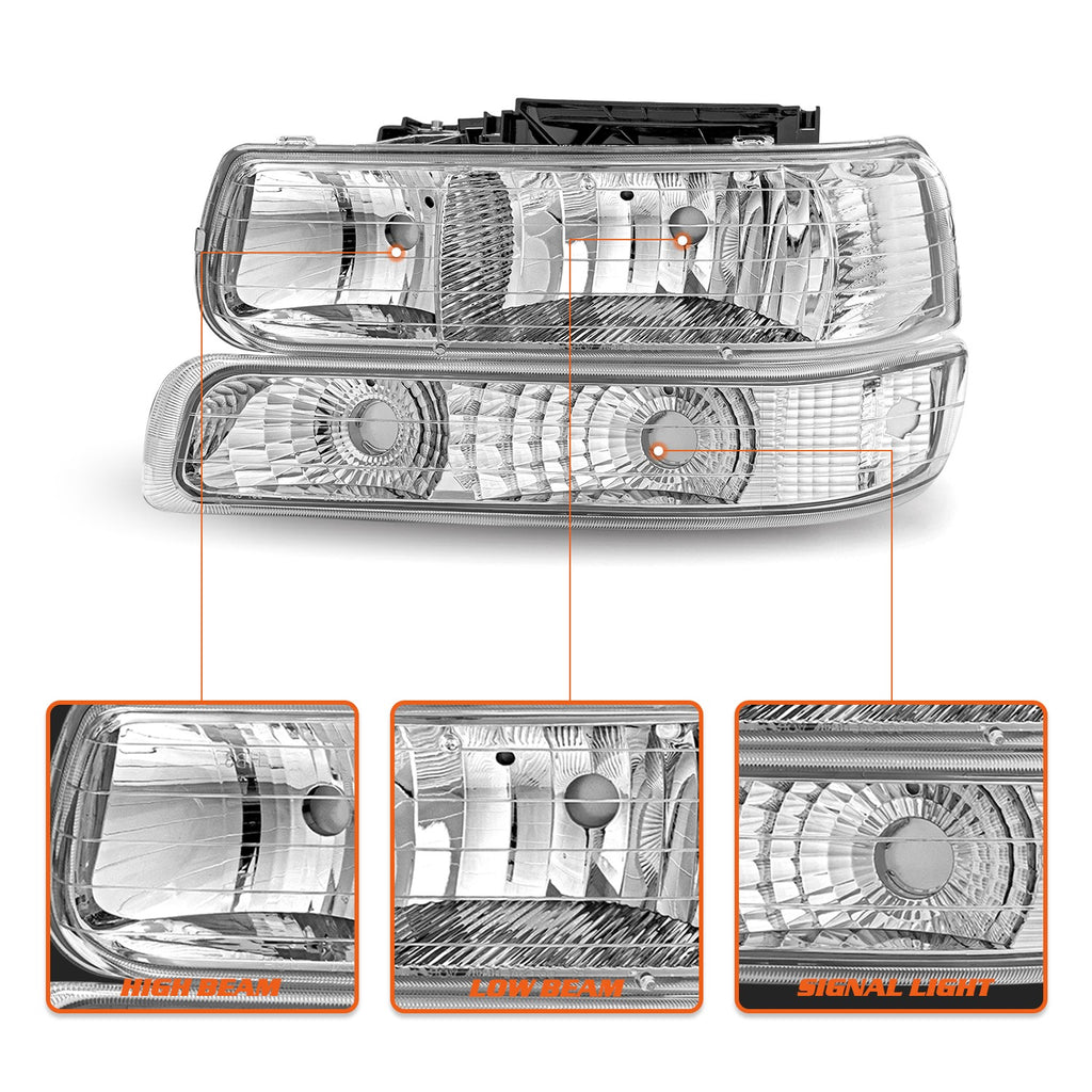 Chrome Headlights For 99-02 Chevy Silverado 00-06 Suburban Tahoe Bumper Lamps