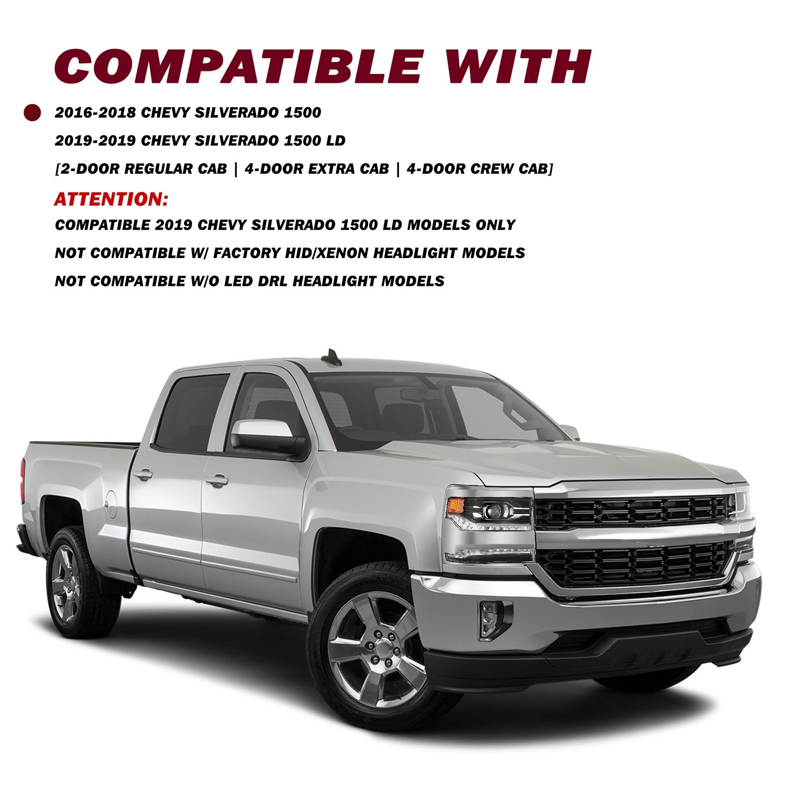 【FULL LED】Chrome Projector Headlight For 2016-2018 Chevy Silverado 1500 RH