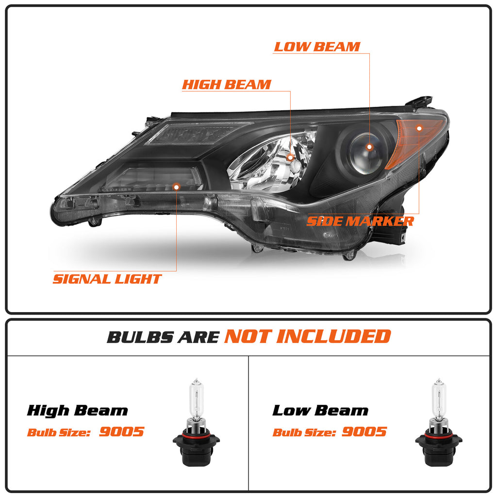 For 2013 2014 2015 Toyota RAV4 RAV-4 Black Headlight Assembly Pair Set