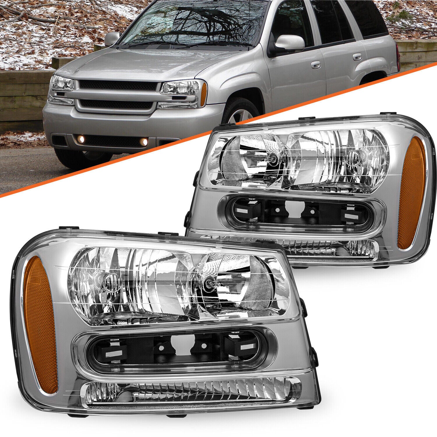 Headlights For 2002-2009 Chevy Trailblazer Ext Chrome Amber Corner lamps 02-09