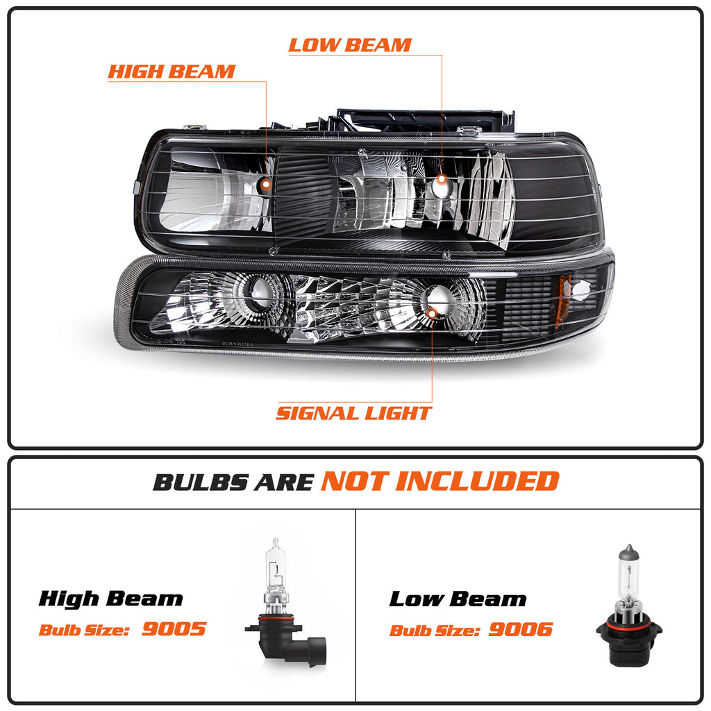For 1999-2002 Chevy Silverado/00-06 Tahoe Suburban Black Headlights&Bumper Lamps