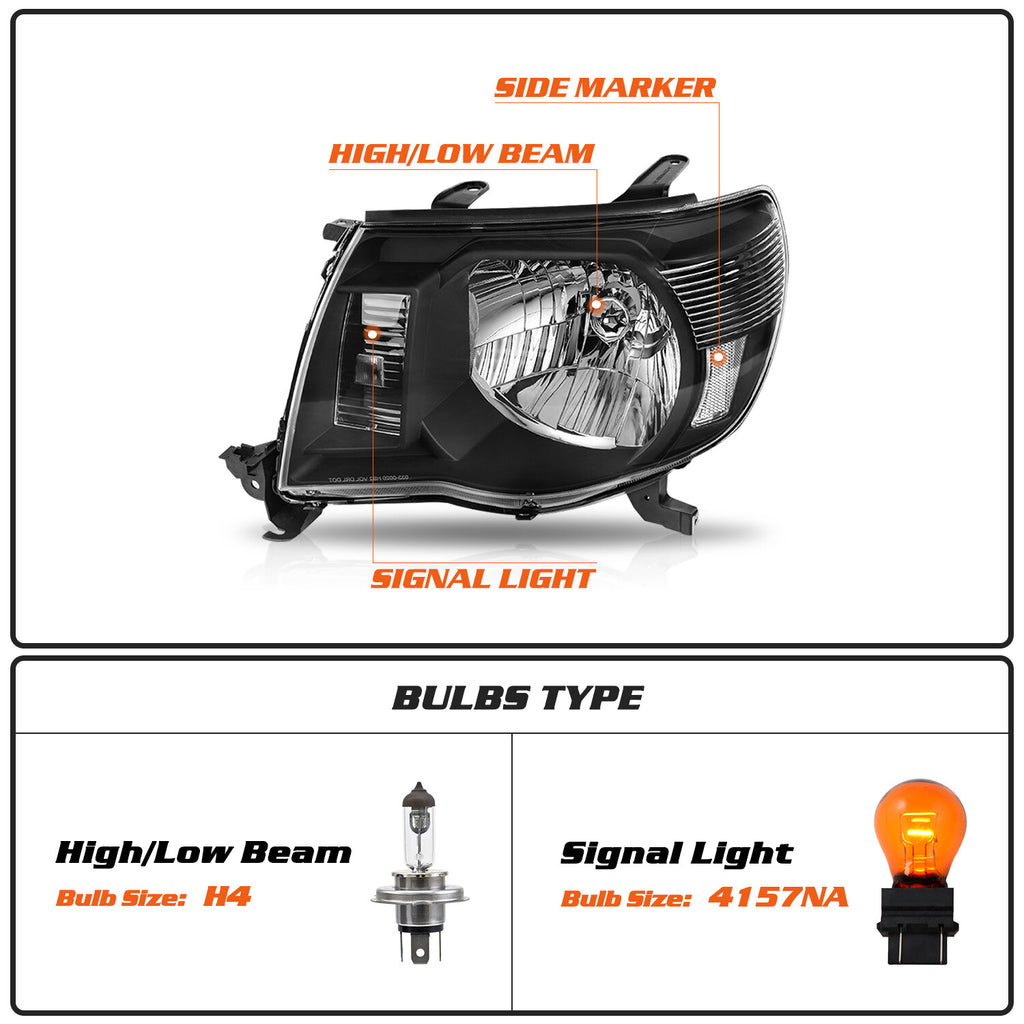 Headlight Assembly For 2005-2011 Toyota Tacoma Pickup Black Headlamps Pair