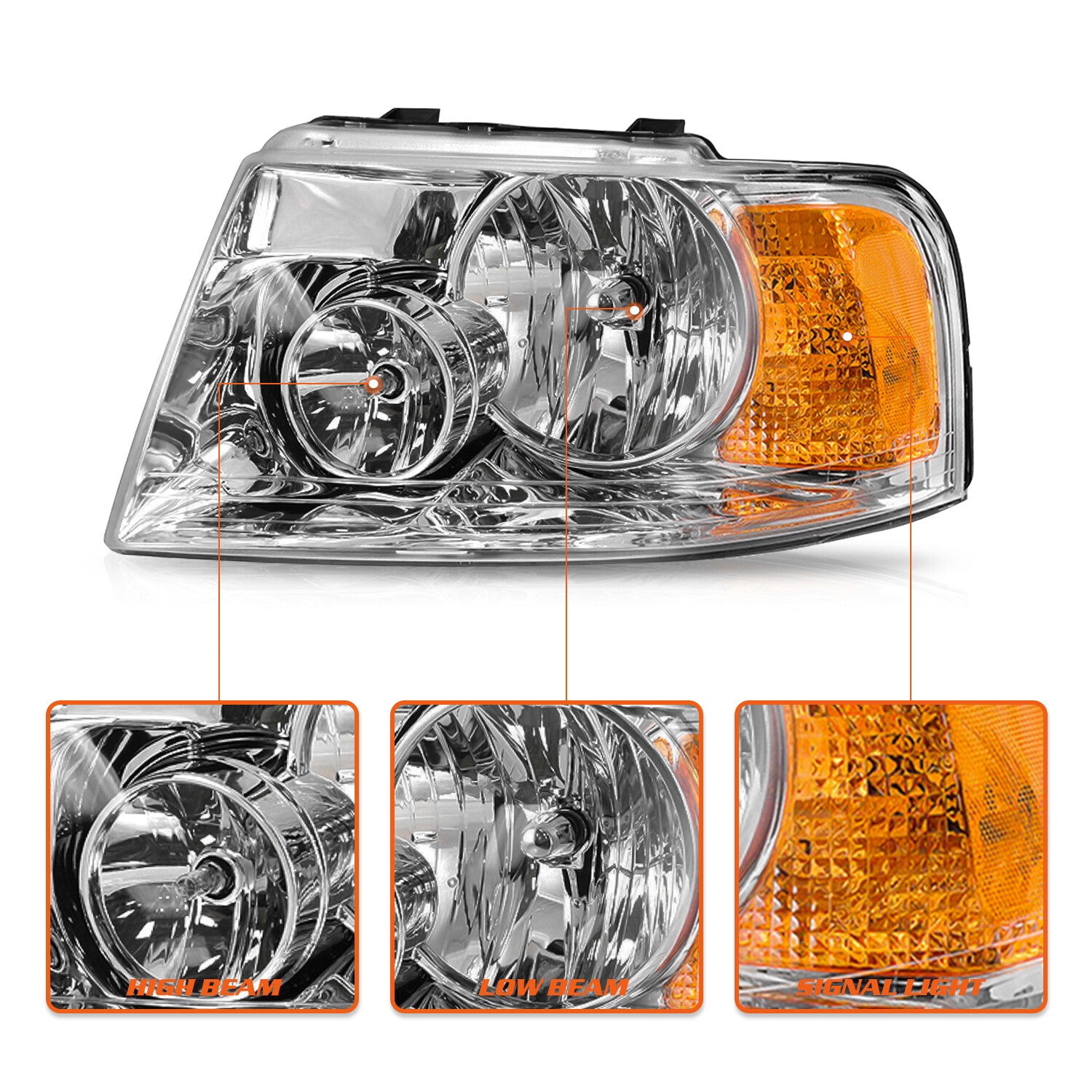 Pair Headlights Assembly For 2003-2006 Ford Expedition Chrome Housing W/Bulbs