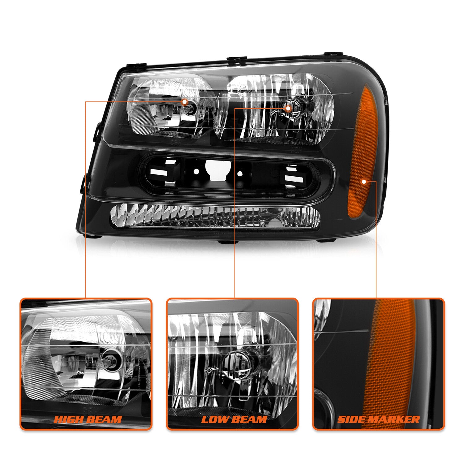 For 2002-2009 Chevrolet Trailblazer Black Headlights Assembly w/Bulb L+R Sets