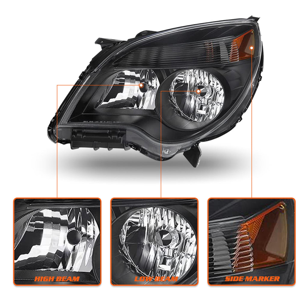 For 2010-2015 Black Chevy Equinox LS / LT Halogen Headlights Left+Right w/Bulbs