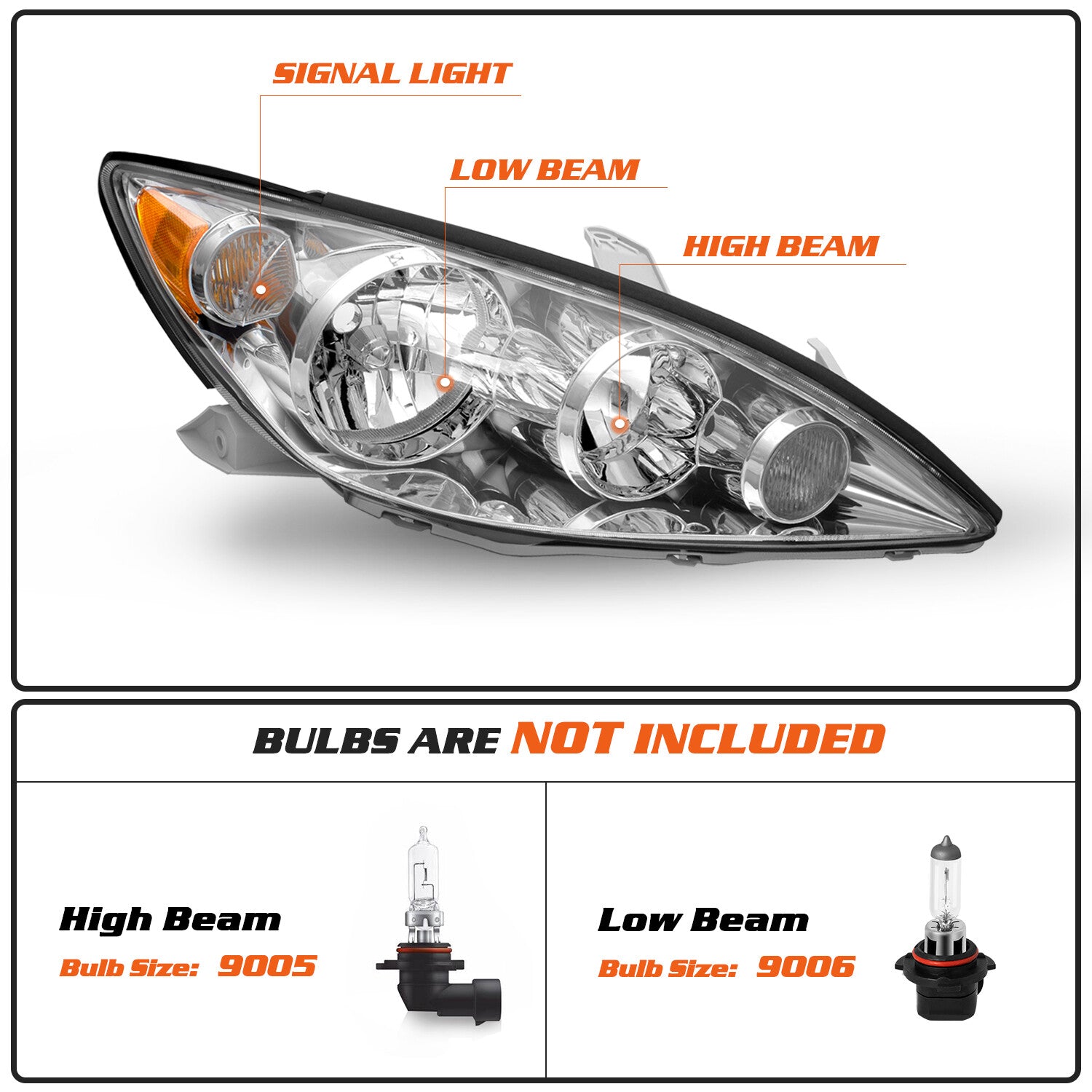 For 05-06 Toyota Camry Passenger Side Headlamp Chrome Amber Halogen Headlight