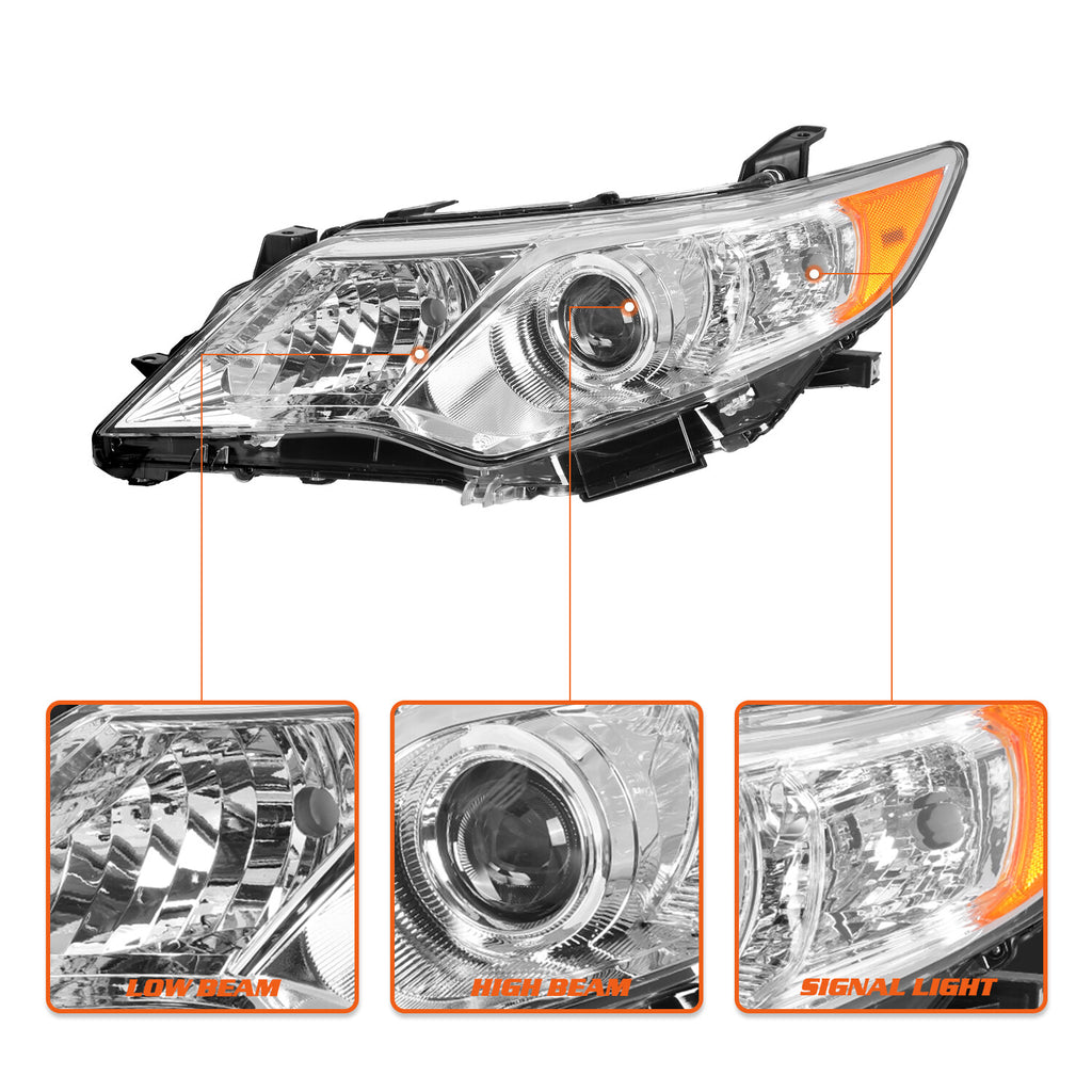 For 2012 2013 2014 Toyota Camry Projector Chrome Headlights Amber Headlamps L+R