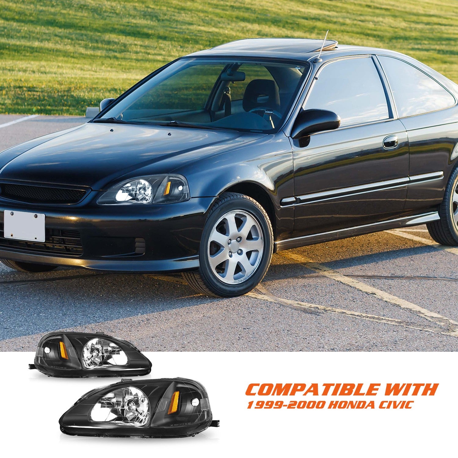 For 1999-2000 Honda Civic EK Black Amber Corner Headlights Assembly Left+Right