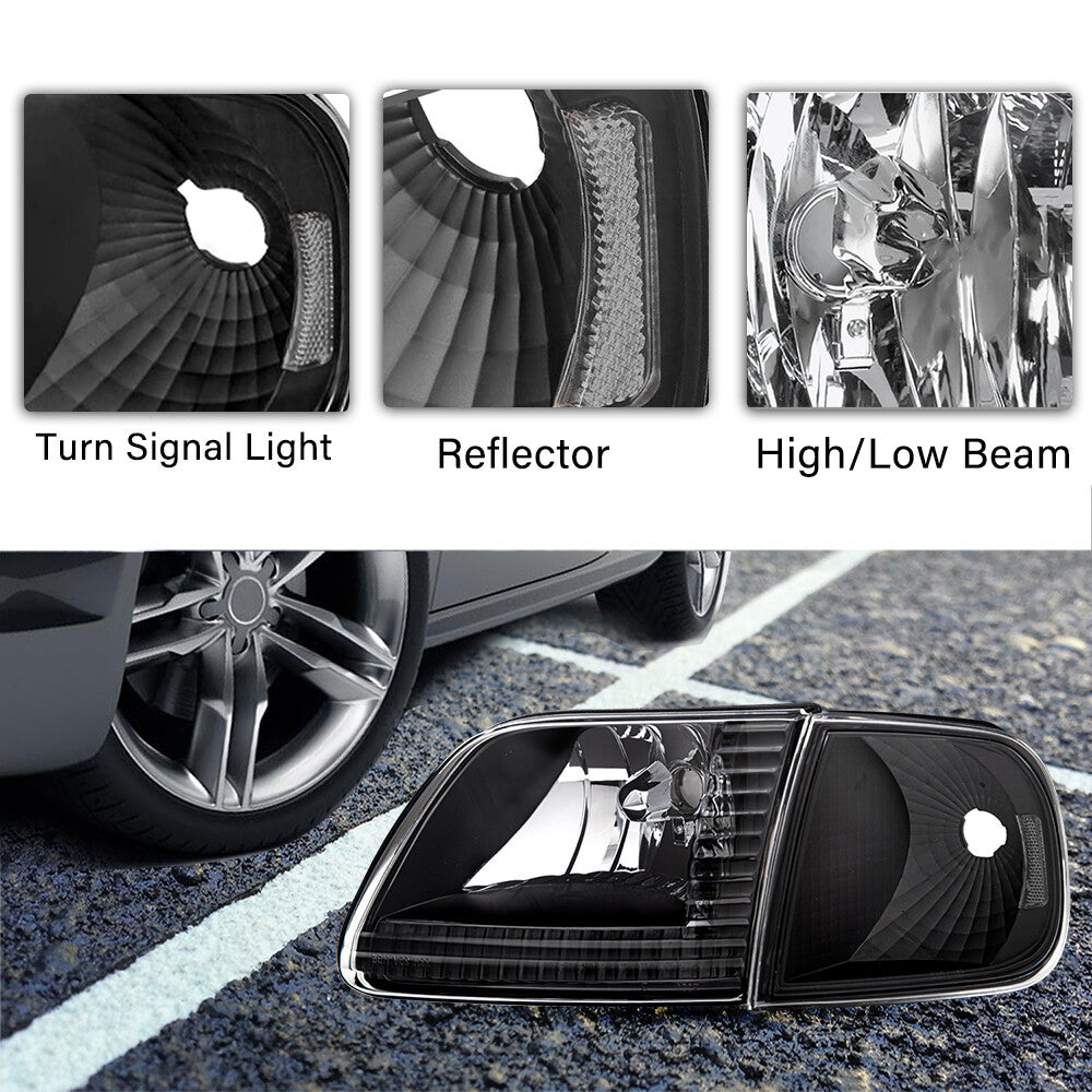 For 1997-2003 Ford F150 97-02 Expedition Black Headlights Headlamps Assembly Set