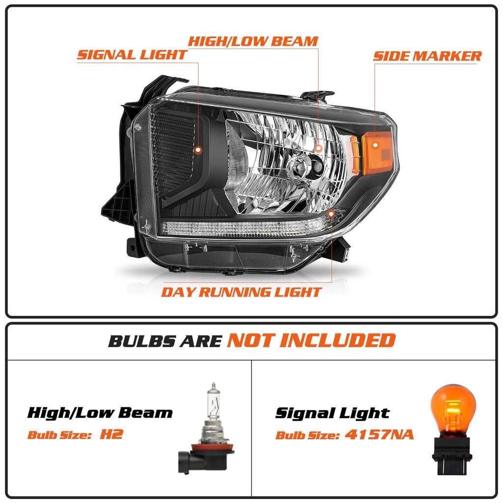 For 2014-2021 Toyota Tundra Headlight Halogen w/LED DRL Headlamp Assembly Black