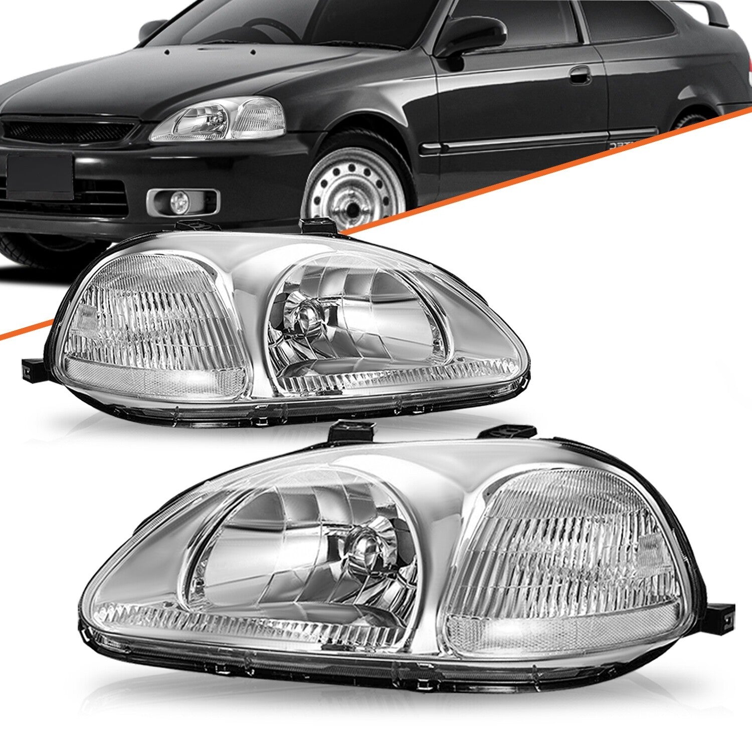 For 1996 1997 1998 Honda Civic EK EJ Chrome Clear Headlights Assembly Pair 96-98