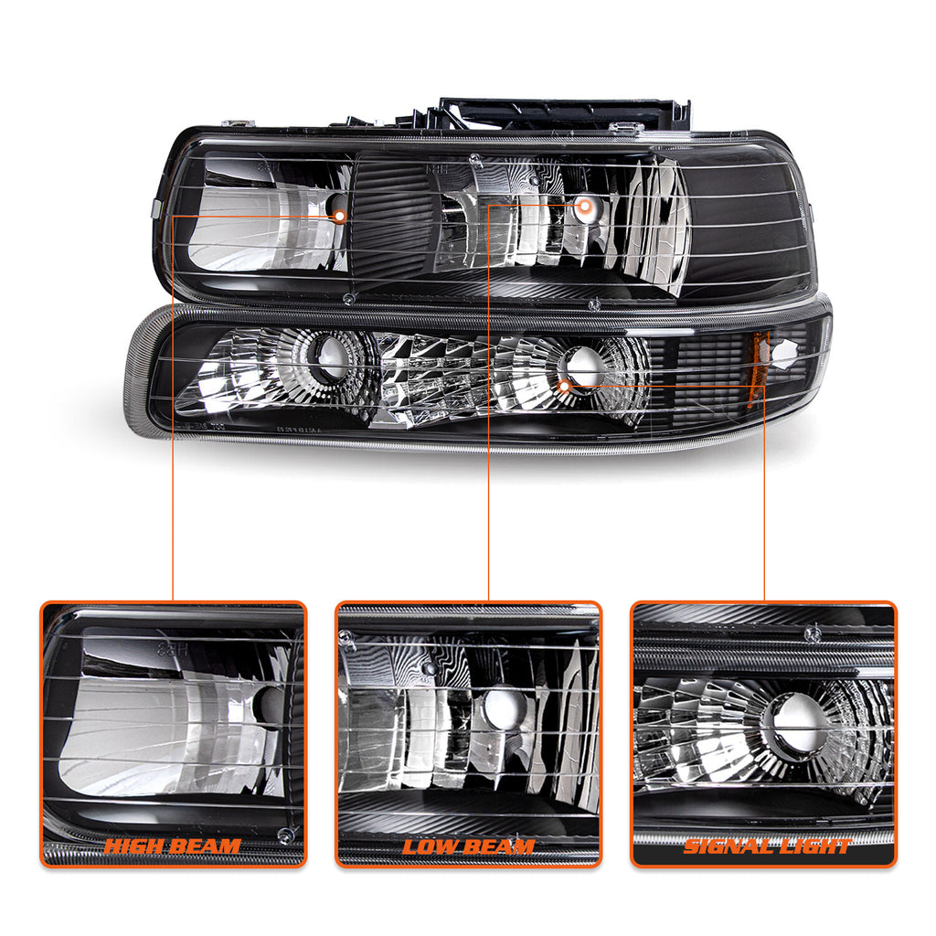 For 1999-2002 Chevy Silverado/00-06 Tahoe Suburban Black Headlights&Bumper Lamps