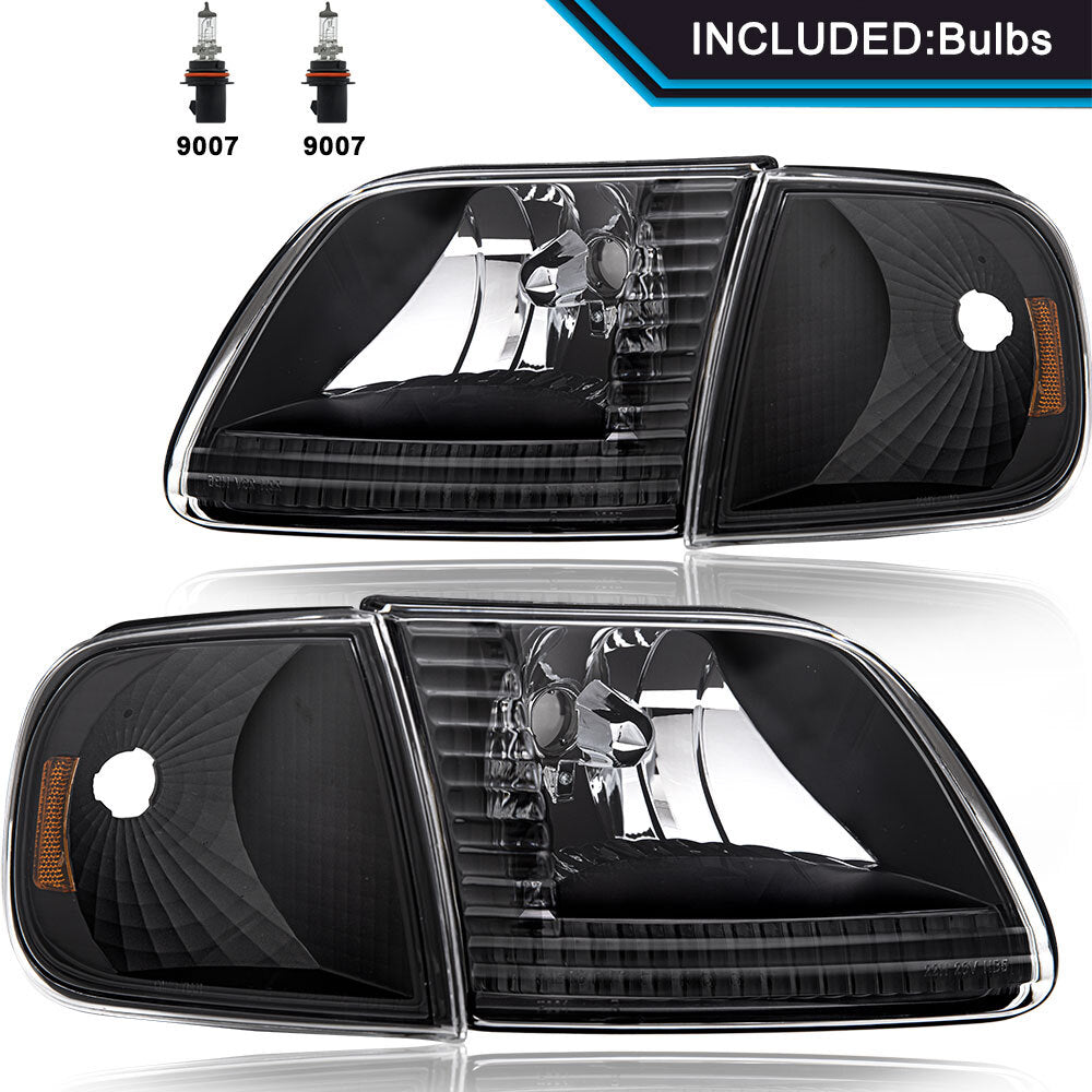 For 1997-2003 Ford F150 Expedition Black Headlights+Corner Signal Lamps W/Bulbs