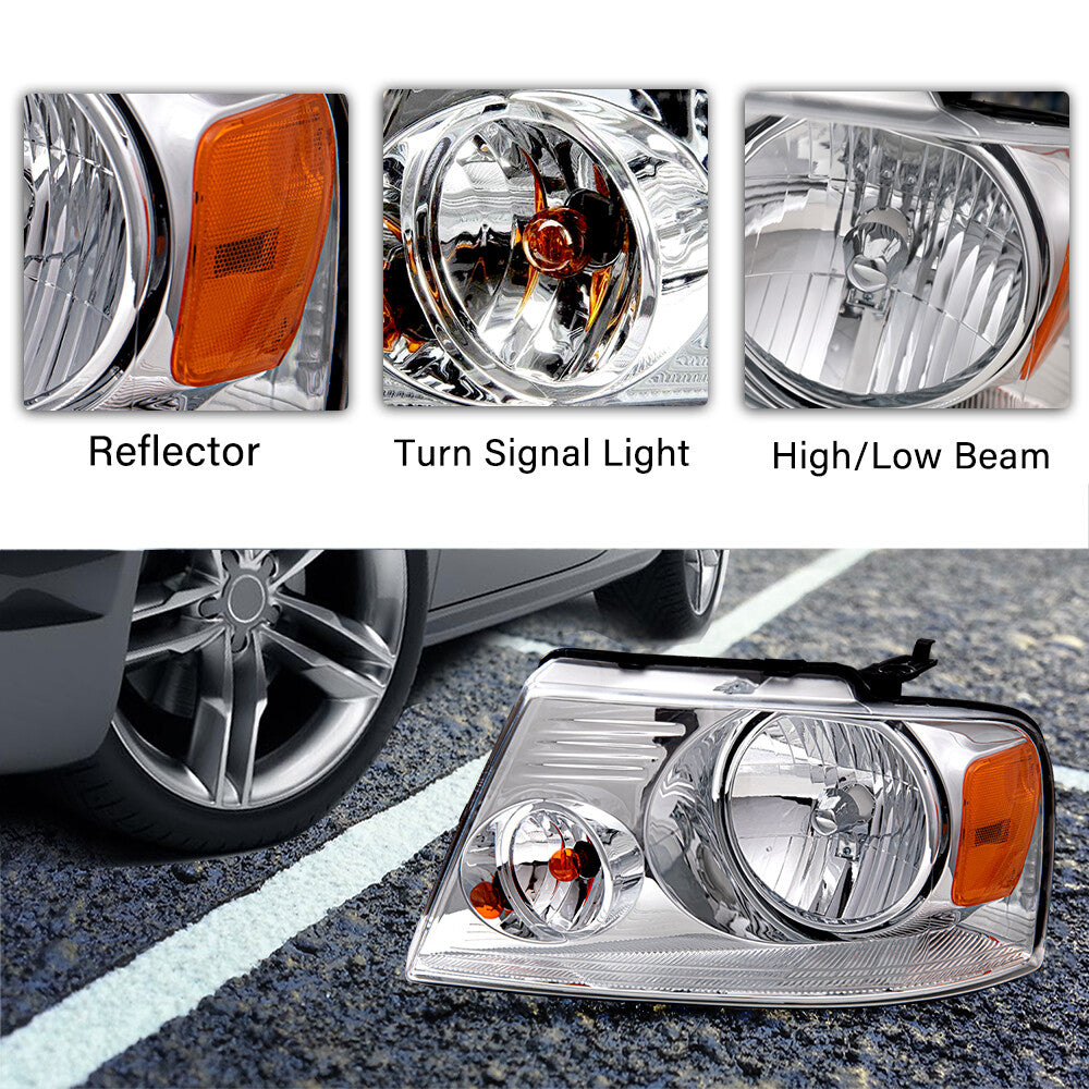 Headlights Assembly For 2004-2008 Ford F-150 F150 Chrome Housing Amber Side L+R