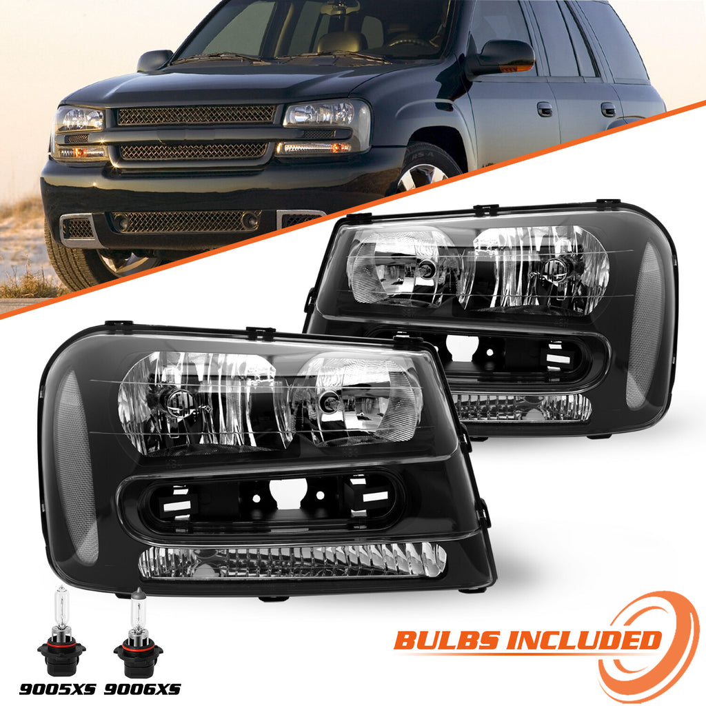 For 2002-2009 Chevy Trailblazer Black Housing Headlights Headlamps Assembly PAIR
