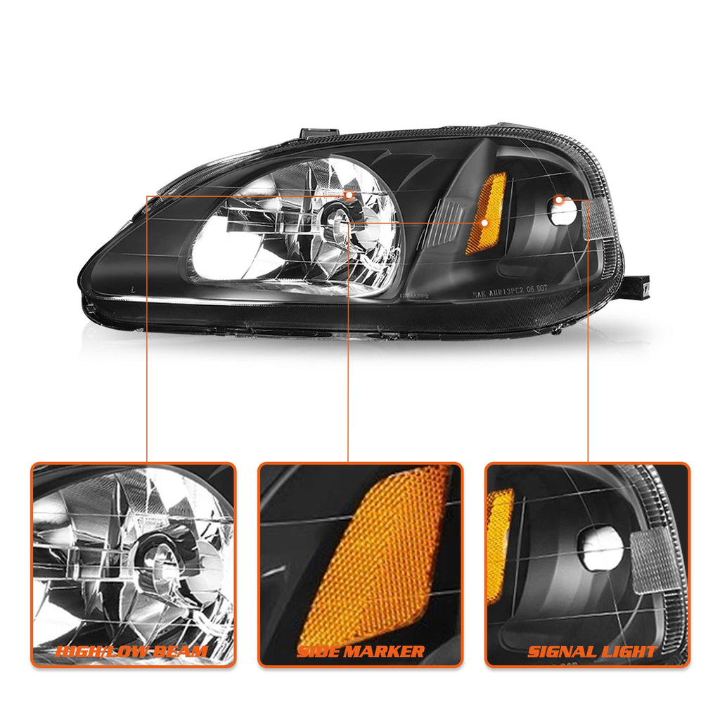 For 1999-2000 Honda Civic EK Black Amber Corner Headlights Assembly Left+Right