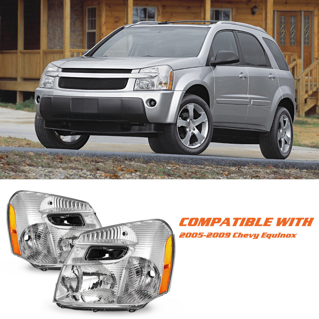 2Pcs Headlights For 2005-2009 Chevy Equinox Chrome Housing Headlamp 05-09 Pair