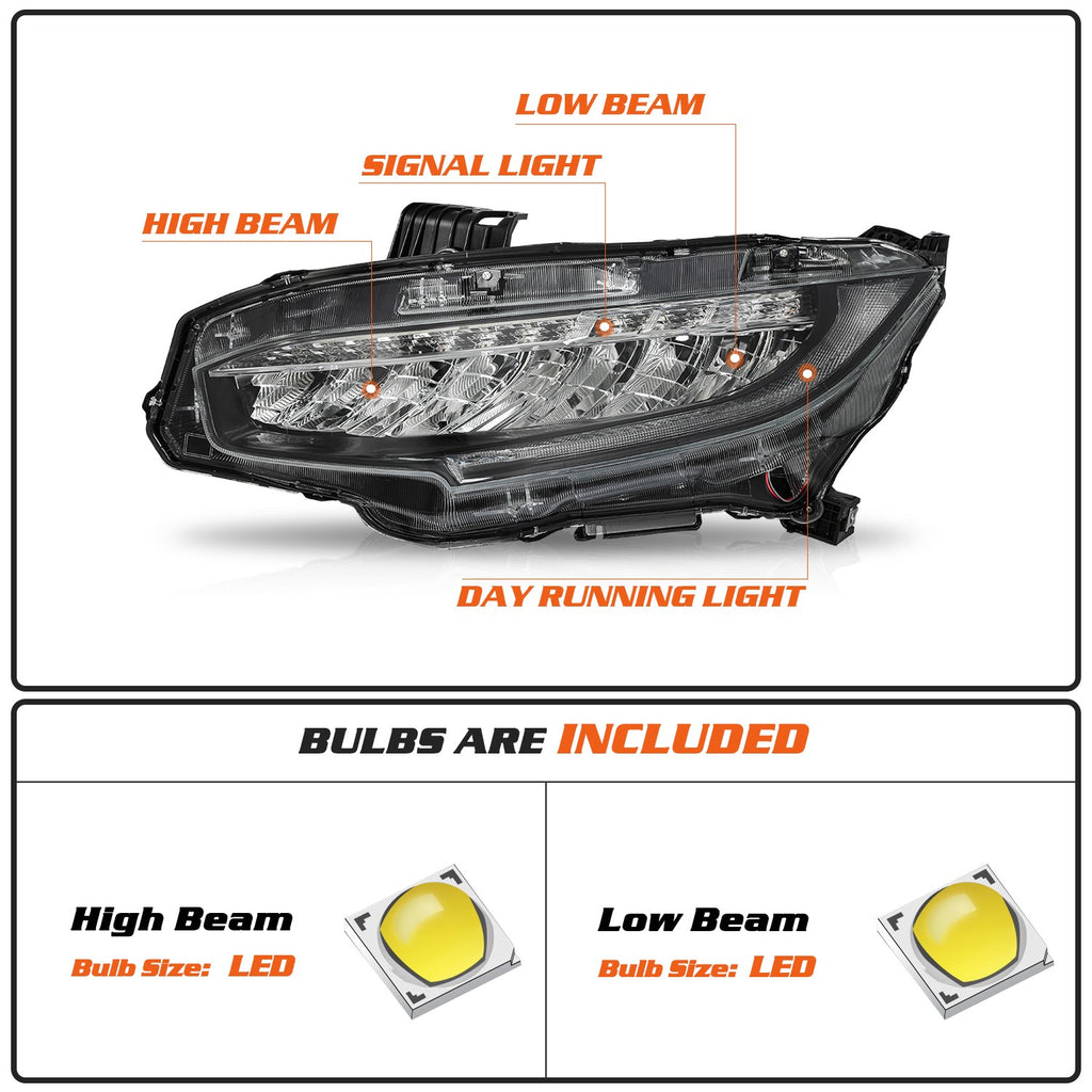 For 16-21 Honda Civic Full LED w/o AFS Model Passenger Right Side Headlight RH