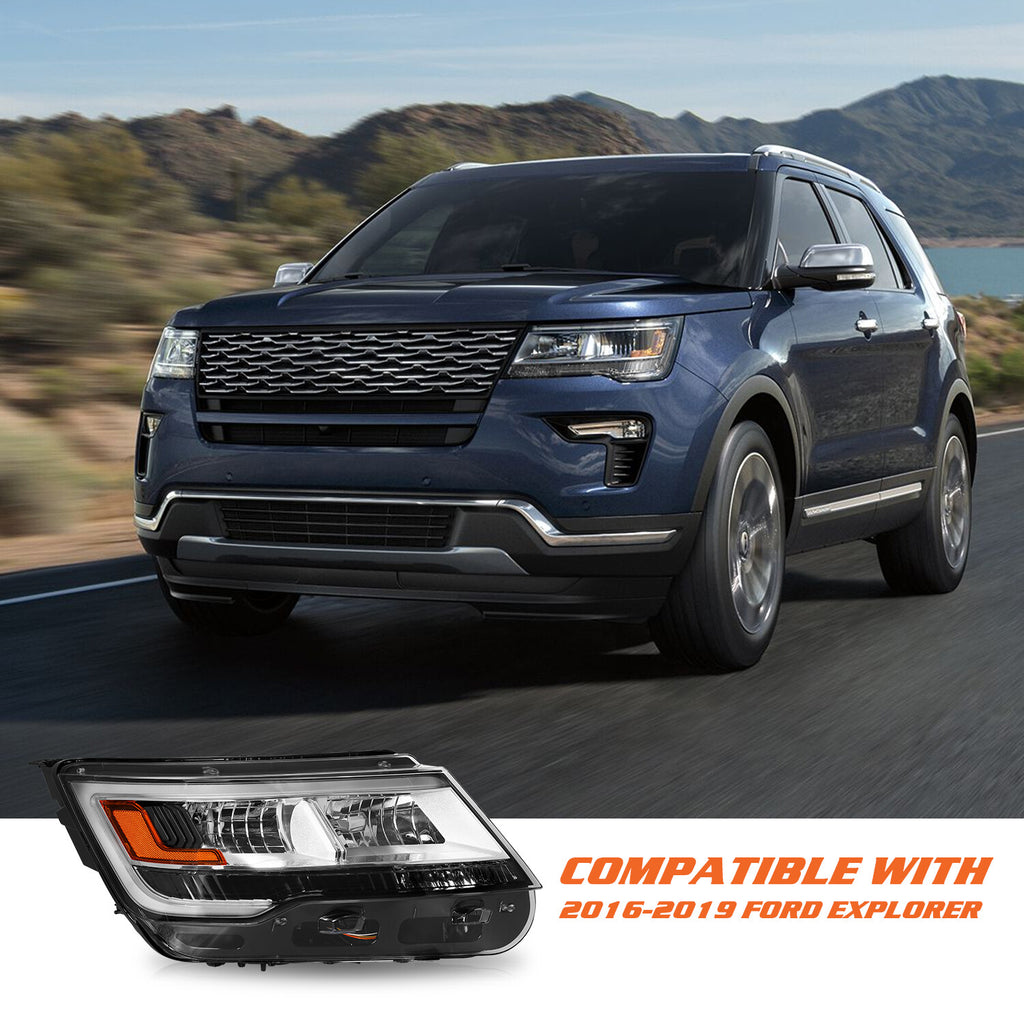 Chrome Passenger Headlight For 2016-2019 Ford Explorer Limited/XLT/Plati LED DRL