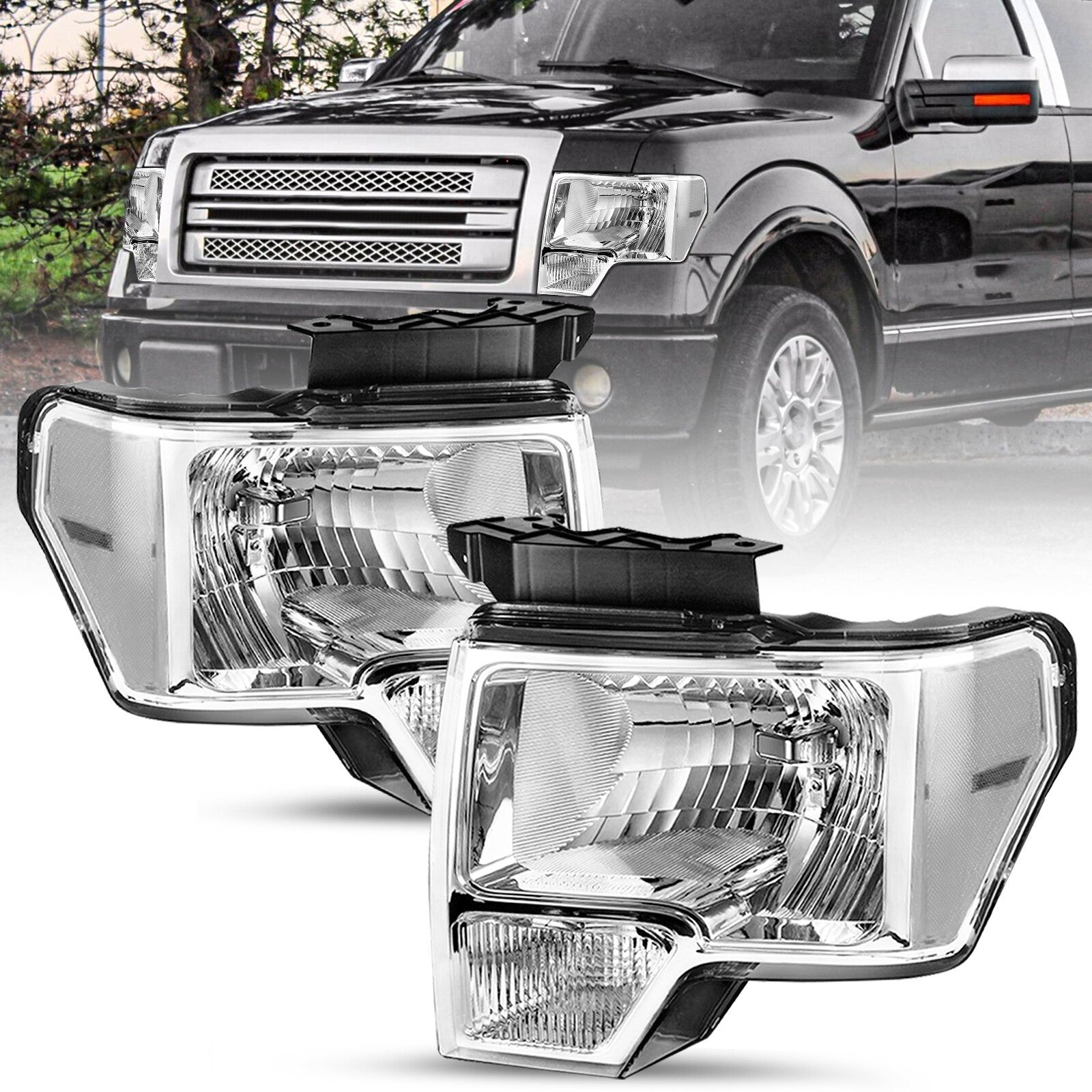 For 2009 2010 2011 2012 2013 2014 Ford F-150 F150 Pickup Chrome Headlights Pair
