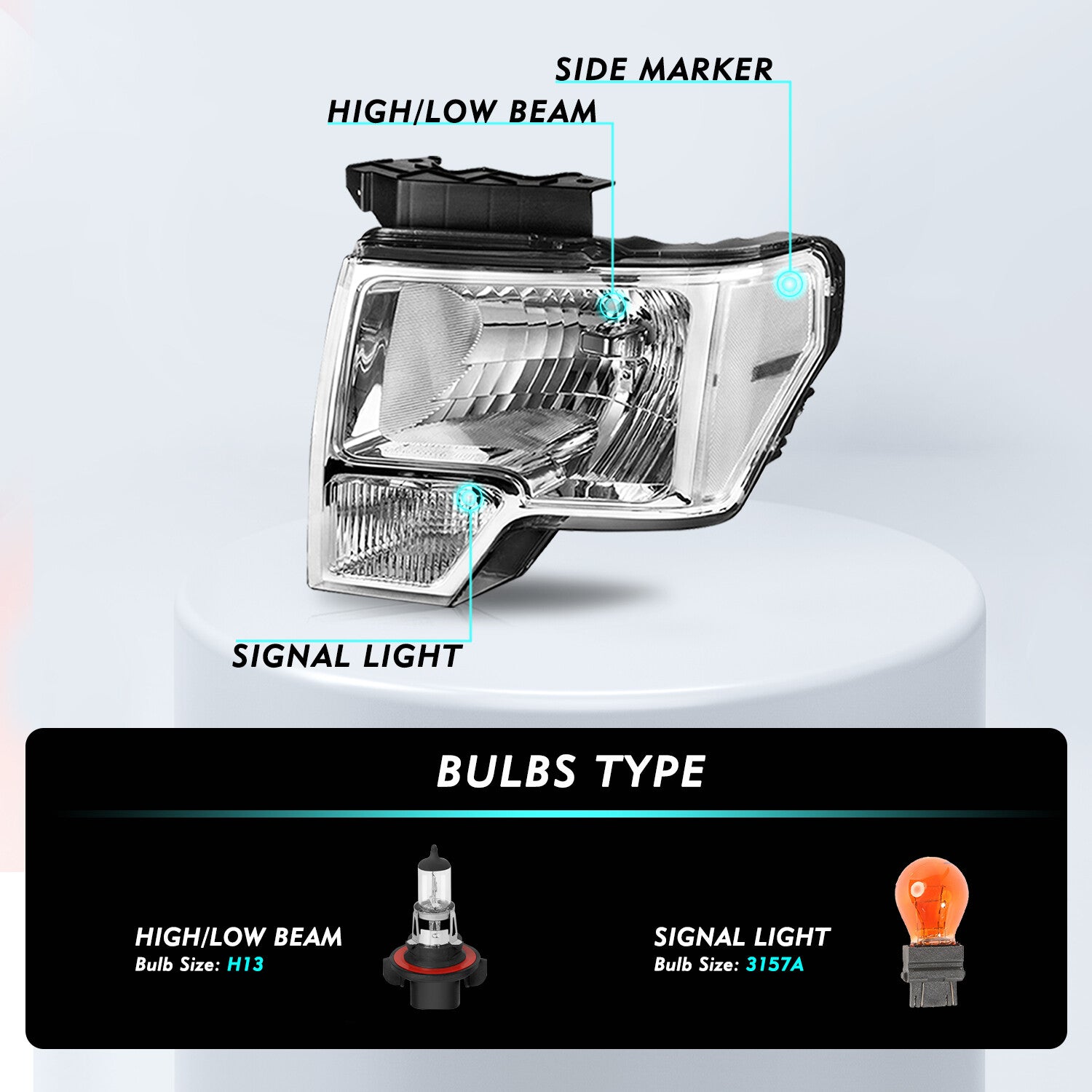 For 2009 2010 2011 2012 2013 2014 Ford F-150 F150 Pickup Chrome Headlights Pair