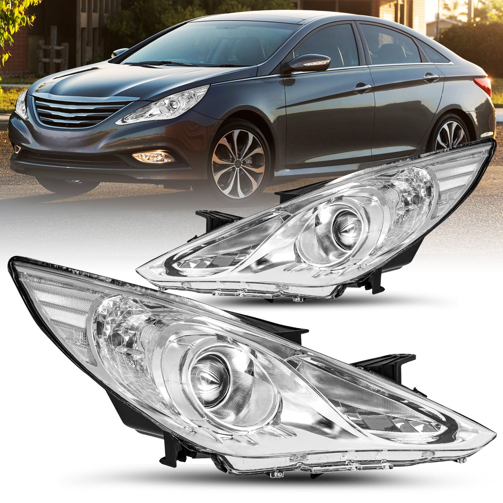 For 2011-2014 Hyundai Sonata Pair HeadLamps Chrome Clear Projector Headlights