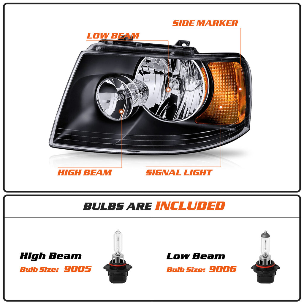 For 2003-2006 Ford Expedition Headlight Black Amber Housing Left+Right W/Bulbs