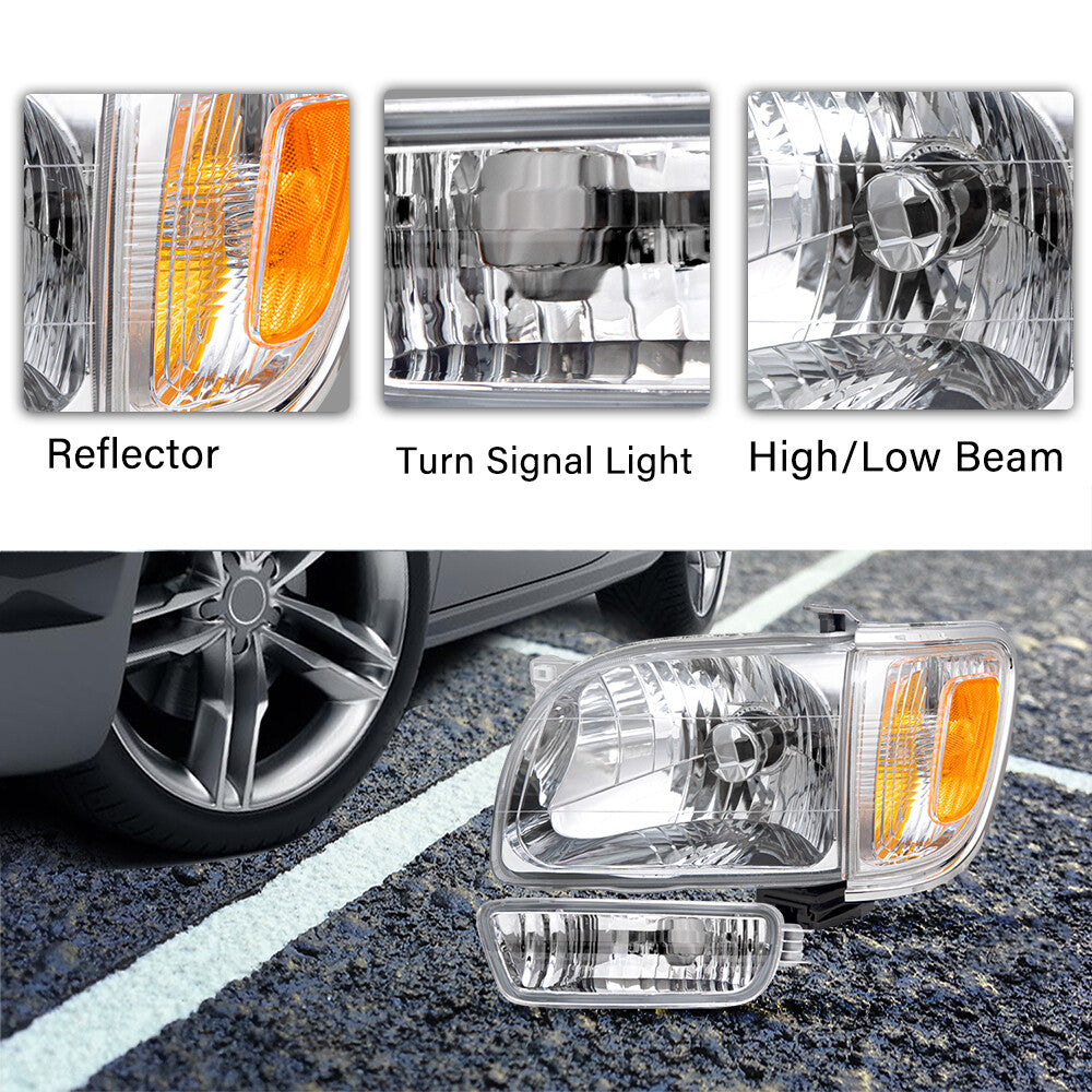 For 2001-2004 Toyota Tacoma Chrome Headlights Amber Corner Lamps + Bumper Lights