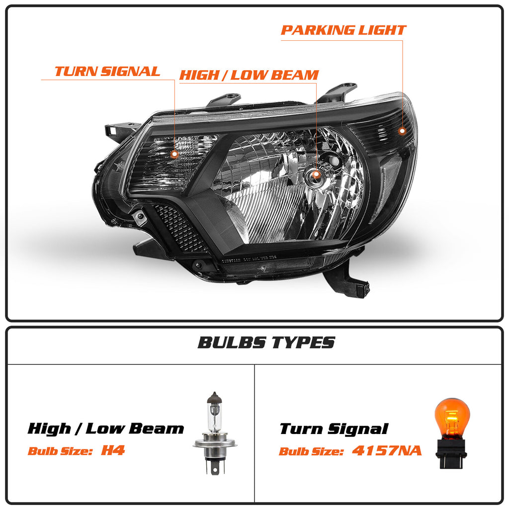 For 2012-2015 Toyota Tacoma Pickup Black Headlights Clear Corner Headlamps Pair