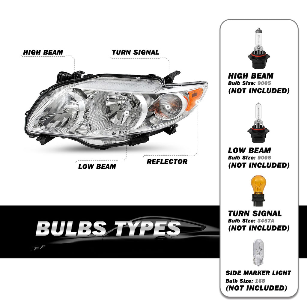 Headlights Assembly For 2009 2010 Toyota Corolla Base/LE/XLE Chrome Headlamps