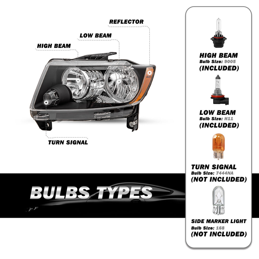 For 2011-2013 Jeep Grand Cherokee/11-17 Compass Headlights Halogen Pair w/Bulbs