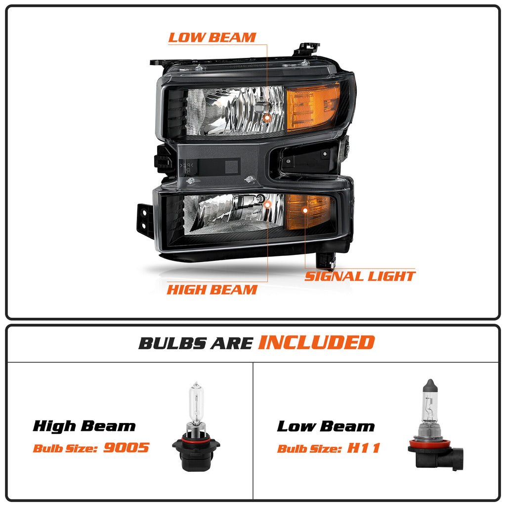 for 2019-2021 Chevy Silverado 1500 Halogen w/o LED Headlight Headlamp