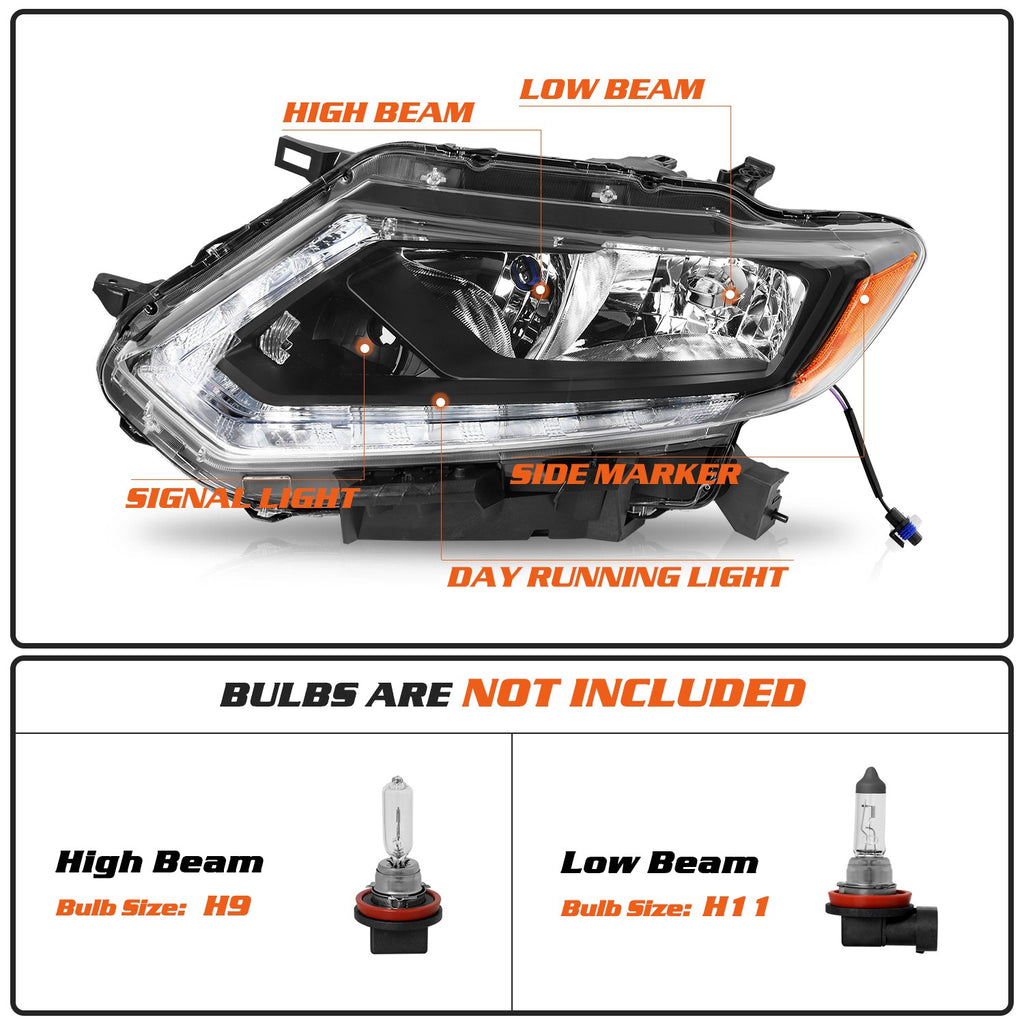 For 2014 2015 2016 Nissan Rogue Halogen Headlights Assembly Headlamps Left+Right