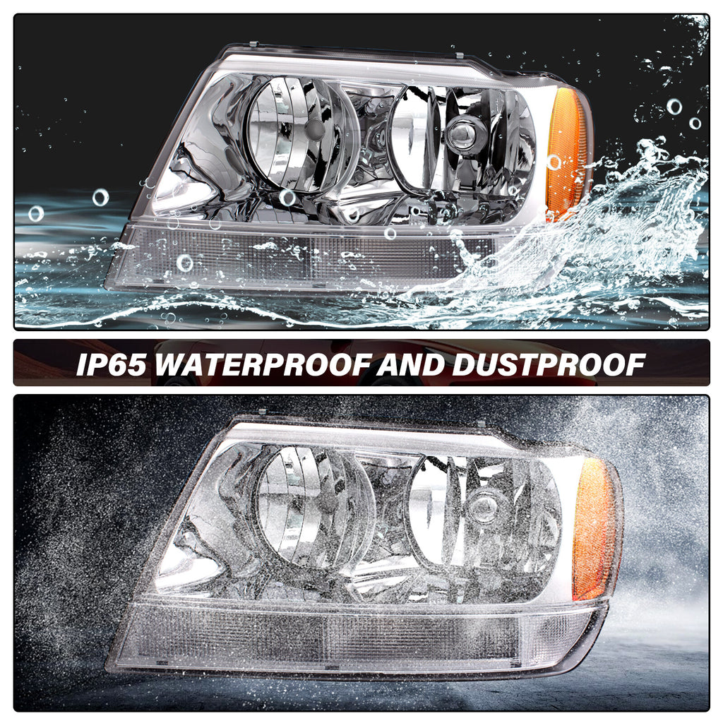 Pair Headlights For 1999-2004 Jeep Grand Cherokee Chrome Headlamps w/ Bulbs