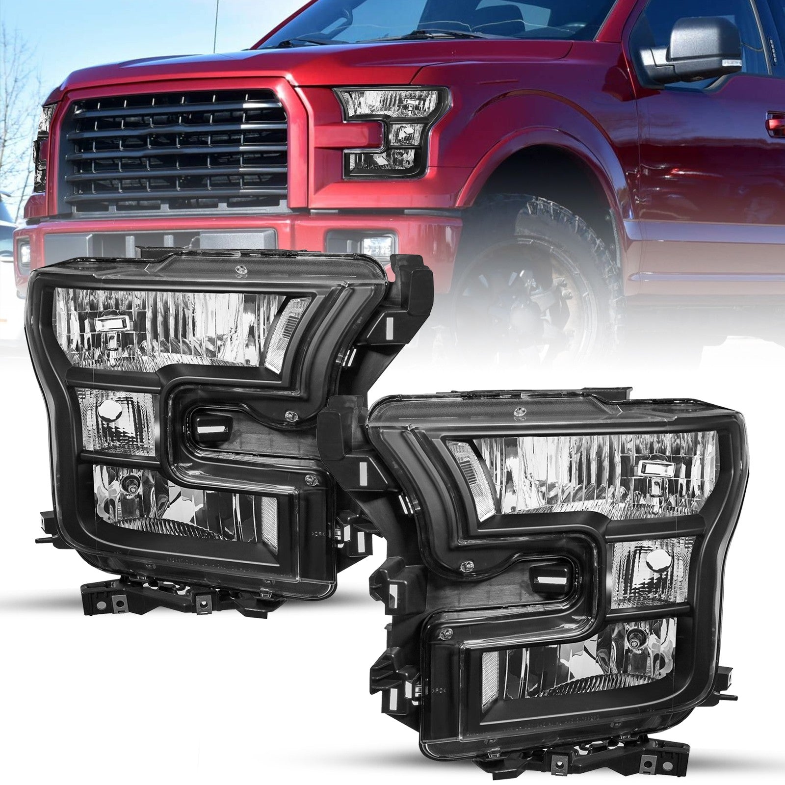 Left+Right Clear Corner Black Headlights For 2015 2016 2017 Ford F150 Pickup