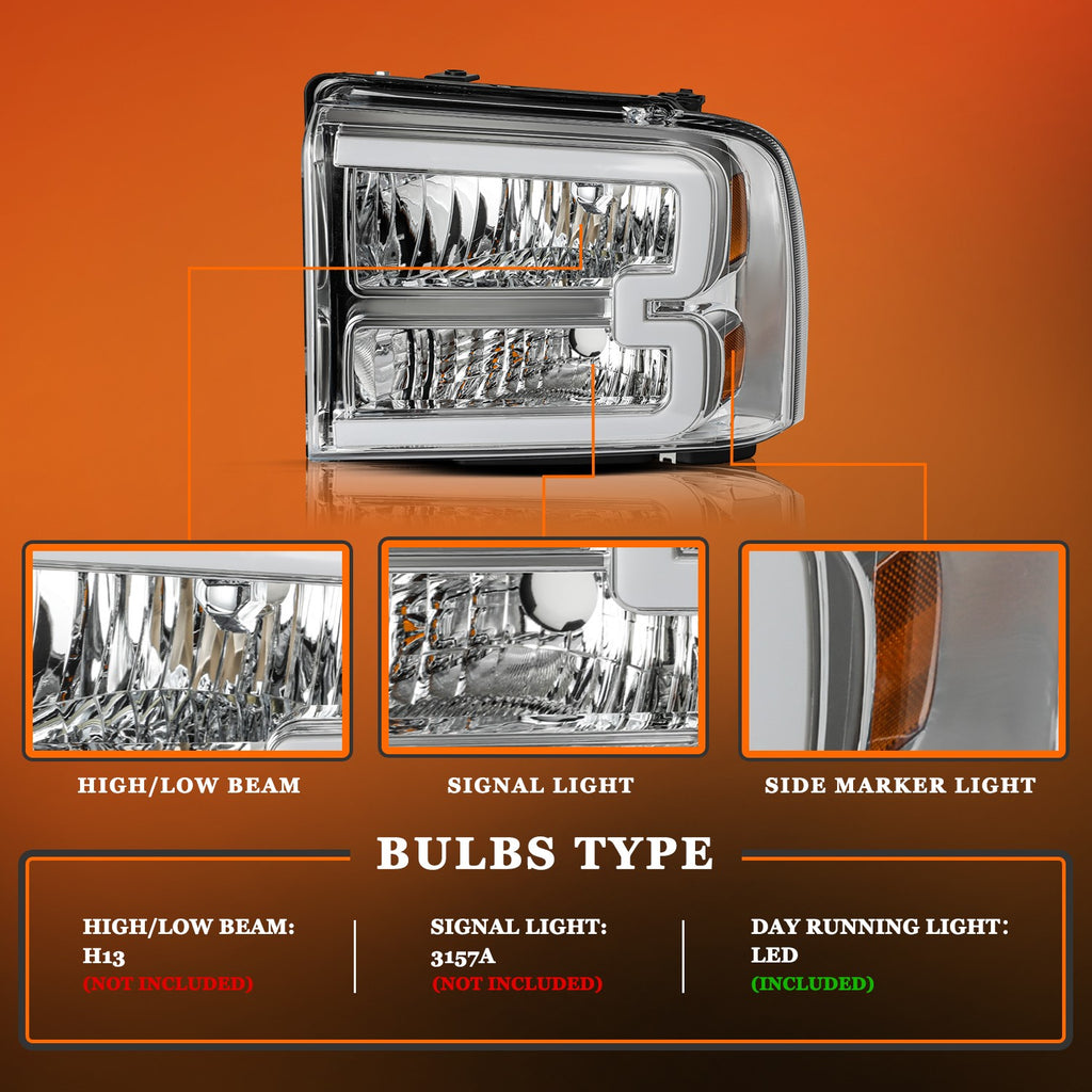 Fit For 2005-2007 Ford F250 F350 F450 F550 Super Duty LED DRL Headlights Lamps