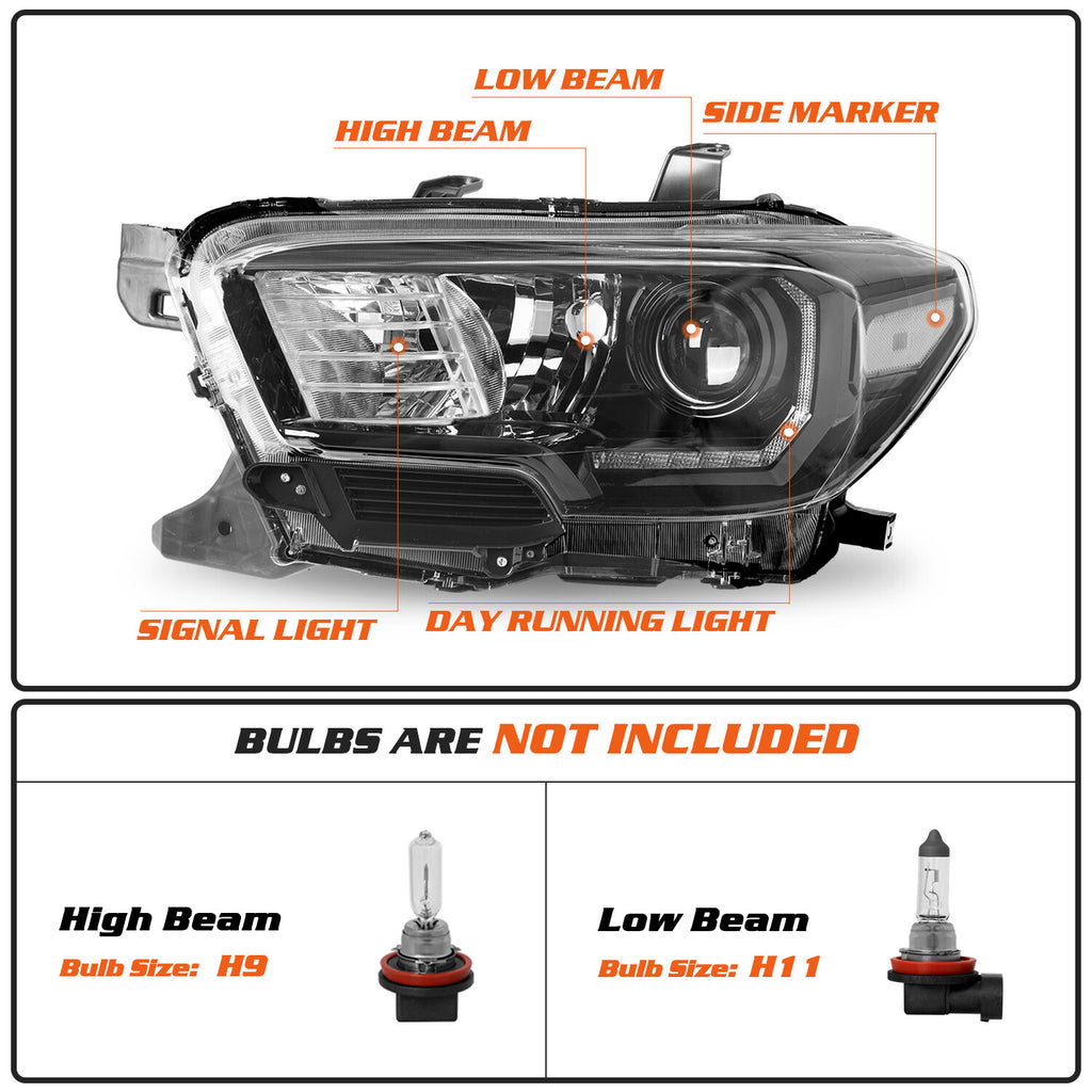 Fit For 2016-2022 Toyota Tacoma w/ LED DRL Black Headlights Headlamps Left+Right
