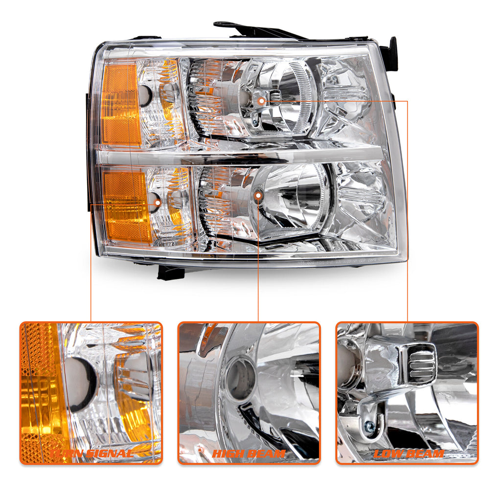 Chrome Headlight For 2007-2014 Chevy Silverado 1500 2500HD Halogen Headlamp