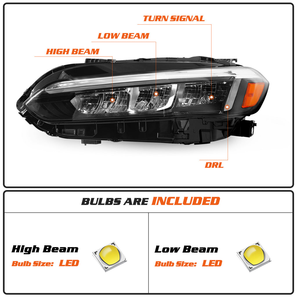For 2022 2023 Honda Civic Chrome Full LED Headlights Assembly Pair 22-23