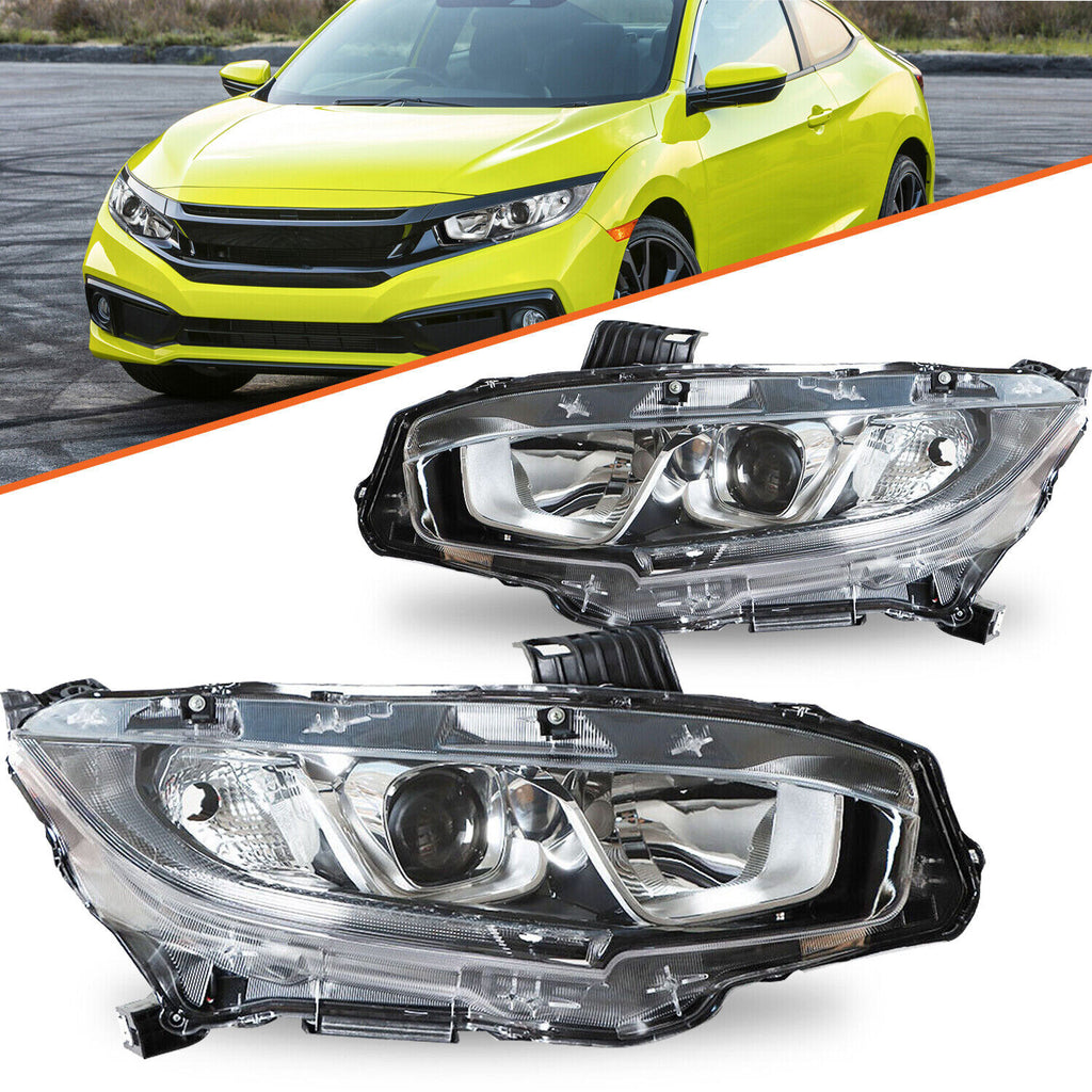 For 2016-2021 Honda Civic Halogen Chrome Clear Headlights Assembly Pair L+R